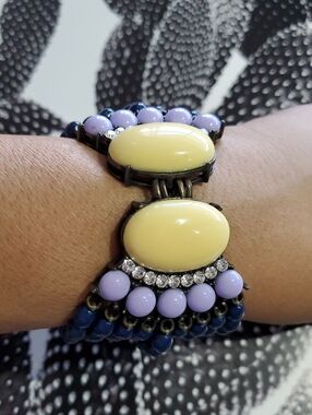 Vintage Yellow Lavender Blue Beaded Bracelet W Sparkle Gems Multi Strand Chunky